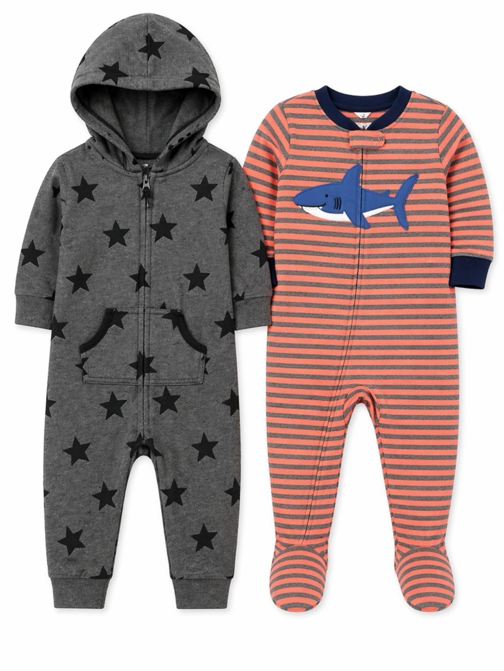 Carter’s Baby Boy 18M Romper Set Shark Footed Sleeper & Star Hoodie Jumpsuit GUC